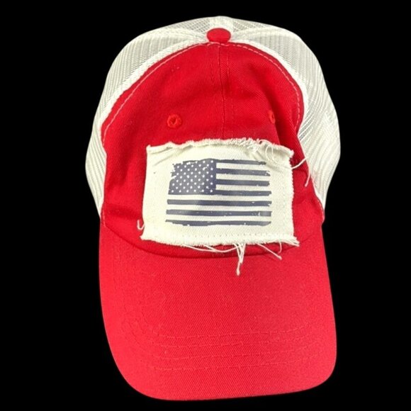 American Flag Distressed Mesh Trucker Hat Red White Snapback Cap - Picture 1 of 5